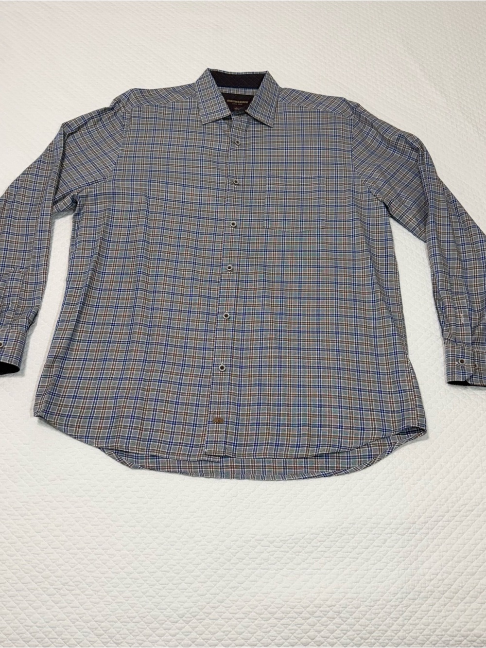 Johnston & Murphy Men's Blue and Gray Plaid Button-Down Shirt